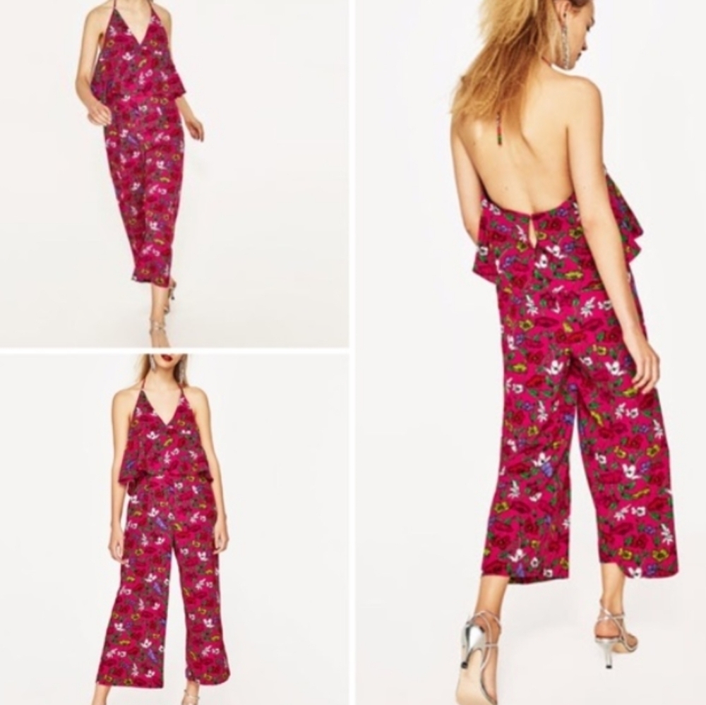 ZARA // hot pink floral halter open back jumpsuit - Picture 7 of 8